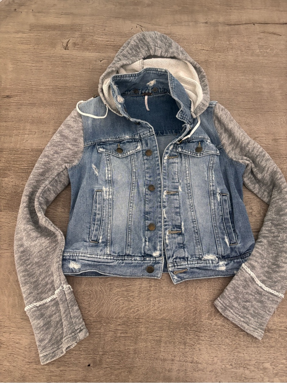 Free People Distressed Blue Denim Jacket with Button Detail